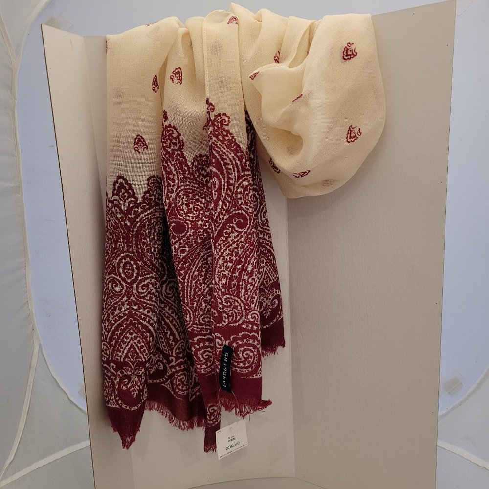 Lands’ End Wool Cream & Burgundy Paisley Scarf